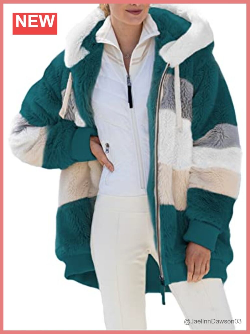 Fuzzy Fleece Hooded Color Block Patchwork Zip Cardigan Coat with Pockets